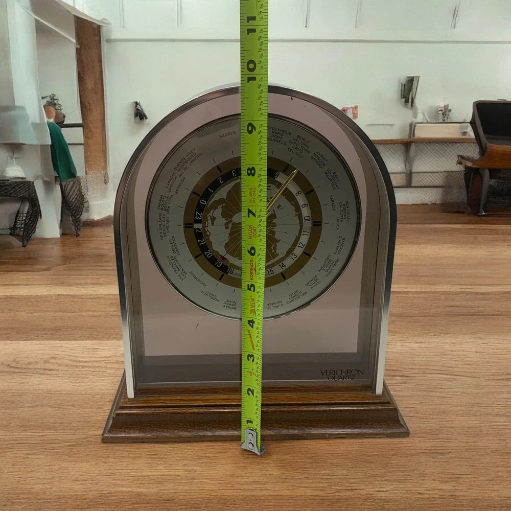 Vintage Verichron Quartz Modernist World Clock Mantle Shelf Table Brushed Chrome